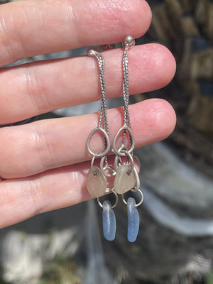 Vintage Sterling Silver Sea Glass Dangle Drop Earrings 925 Blue and Clear