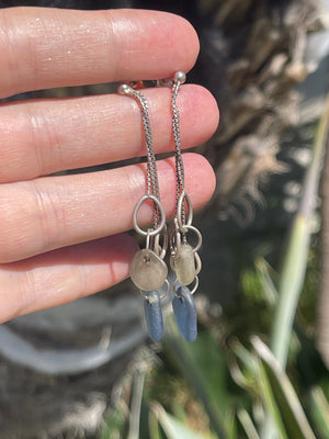 Vintage Sterling Silver Sea Glass Dangle Drop Earrings 925 Blue and Clear