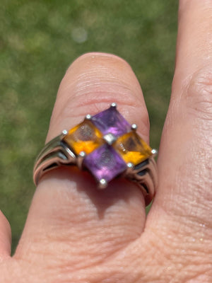 Beautiful Sterling Silver- 925 Ring Size 6.75 Designer Michelle Albala and LJ Amethyst & Citrine Gemstone Square