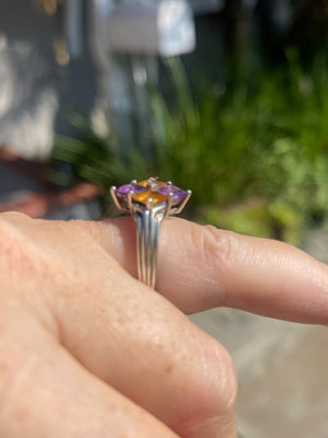 Beautiful Sterling Silver- 925 Ring Size 6.75 Designer Michelle Albala and LJ Amethyst & Citrine Gemstone Square