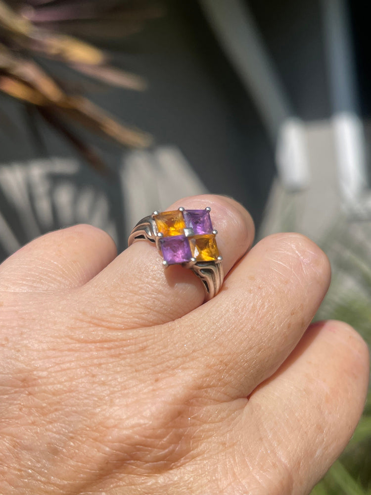 Beautiful Sterling Silver- 925 Ring Size 6.75 Designer Michelle Albala and LJ Amethyst & Citrine Gemstone Square