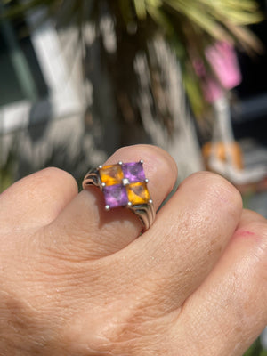 Beautiful Sterling Silver- 925 Ring Size 6.75 Designer Michelle Albala and LJ Amethyst & Citrine Gemstone Square