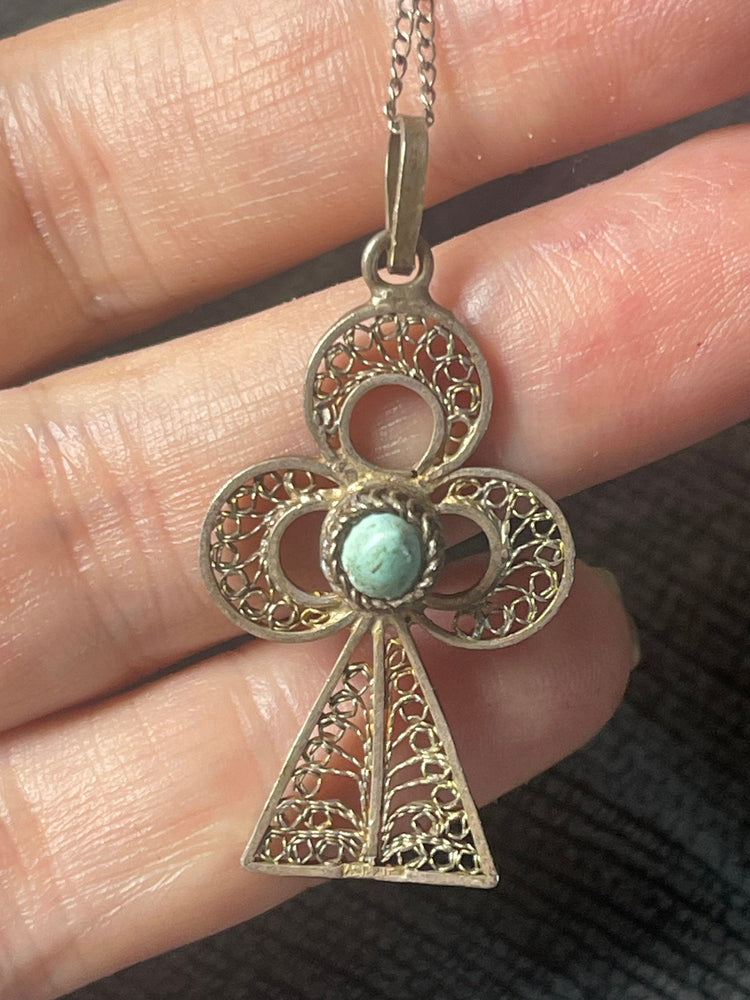 Vintage- Antique Ankh Pendant Filigree Sterling Silver Turquoise Gemstone Necklace Chain 925 Egyptian / Boho Old