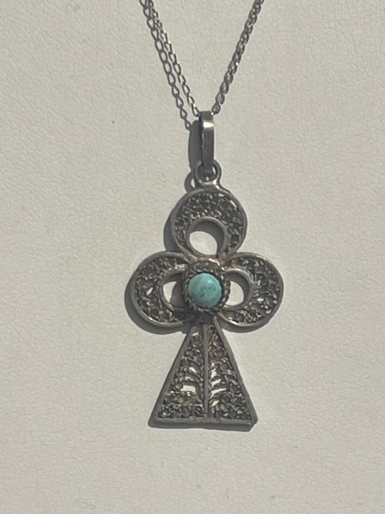 Vintage- Antique Ankh Pendant Filigree Sterling Silver Turquoise Gemstone Necklace Chain 925 Egyptian / Boho Old