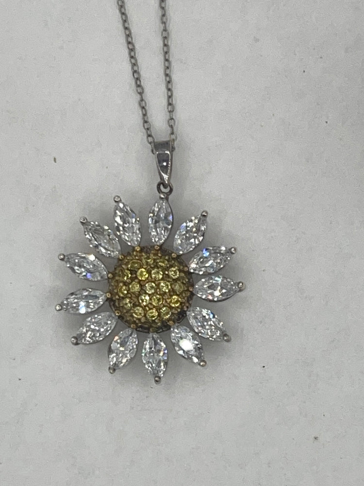 Vintage Sunflower - Flower Pendant CZ Sterling Silver 925 Necklace w 18in Chain