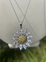 Vintage Sunflower - Flower Pendant CZ Sterling Silver 925 Necklace w 18in Chain