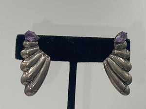 Vintage Sterling Silver Amethyst Earrings Abstract Puffy Wing / Graduated Drop Push Back Style