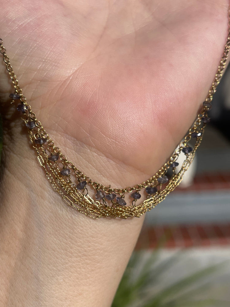 Vintage 14/20 Gold Filled Necklace Tanzanite Beads On A Draping Gold Chain - Small Bib