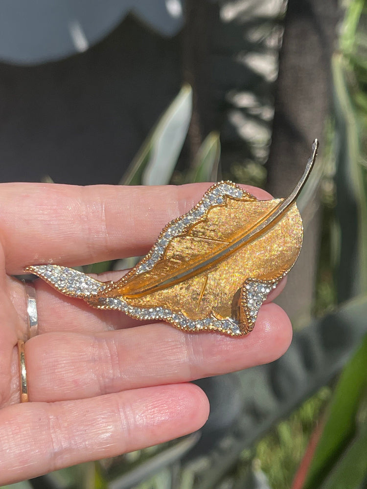 Antique Vintage Designer BSK Gold Tone Cocktail- Costume Brooch Clear Rhinestone Leal Floral