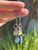 Vintage Sterling Silver Sea Glass Dangle Drop Earrings 925 Blue and Clear