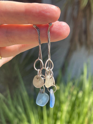 Vintage Sterling Silver Sea Glass Dangle Drop Earrings 925 Blue and Clear