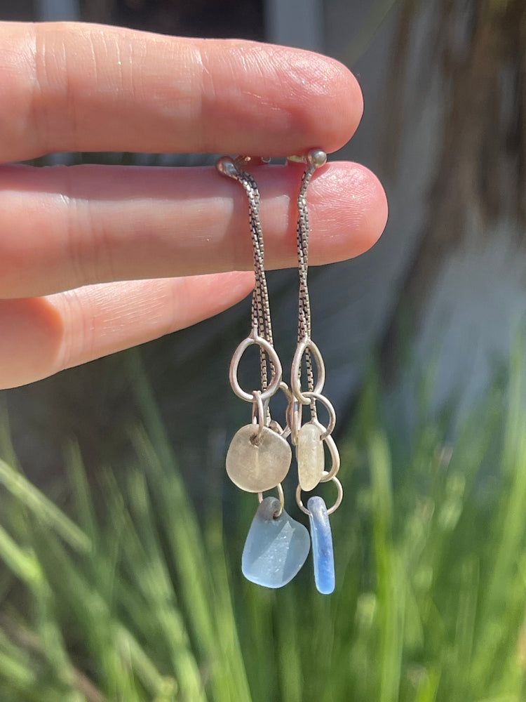 Vintage Sterling Silver Sea Glass Dangle Drop Earrings 925 Blue and Clear