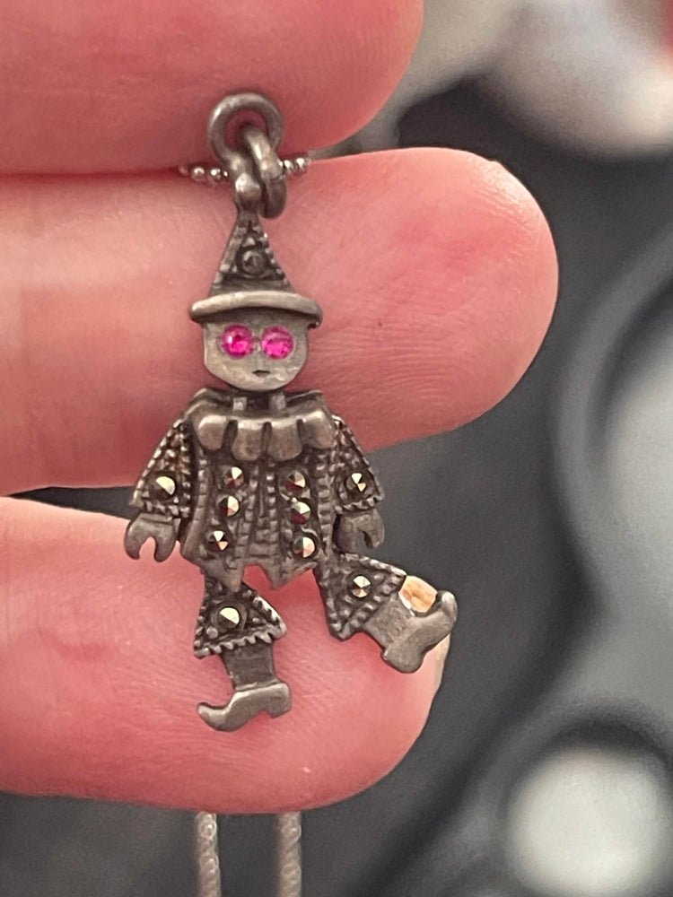 Antique Vintage Clown - Articulated Moving Limbs Sterling Silver Pendant Marcasites & Pink Eyes Cute Gift