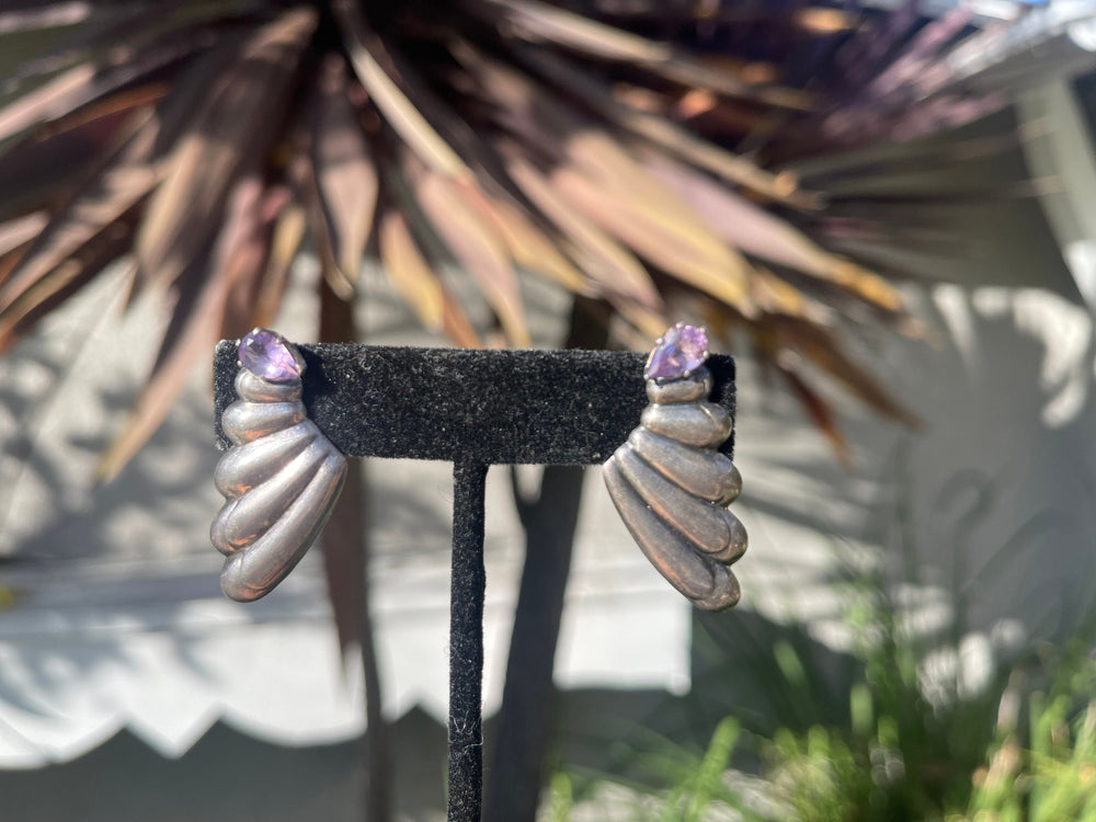 Vintage Sterling Silver Amethyst Earrings Abstract Puffy Wing / Graduated Drop Push Back Style