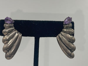 Vintage Sterling Silver Amethyst Earrings Abstract Puffy Wing / Graduated Drop Push Back Style