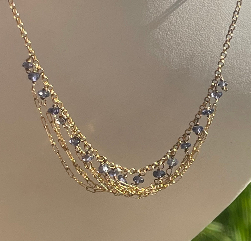 Vintage 14/20 Gold Filled Necklace Tanzanite Beads On A Draping Gold Chain - Small Bib