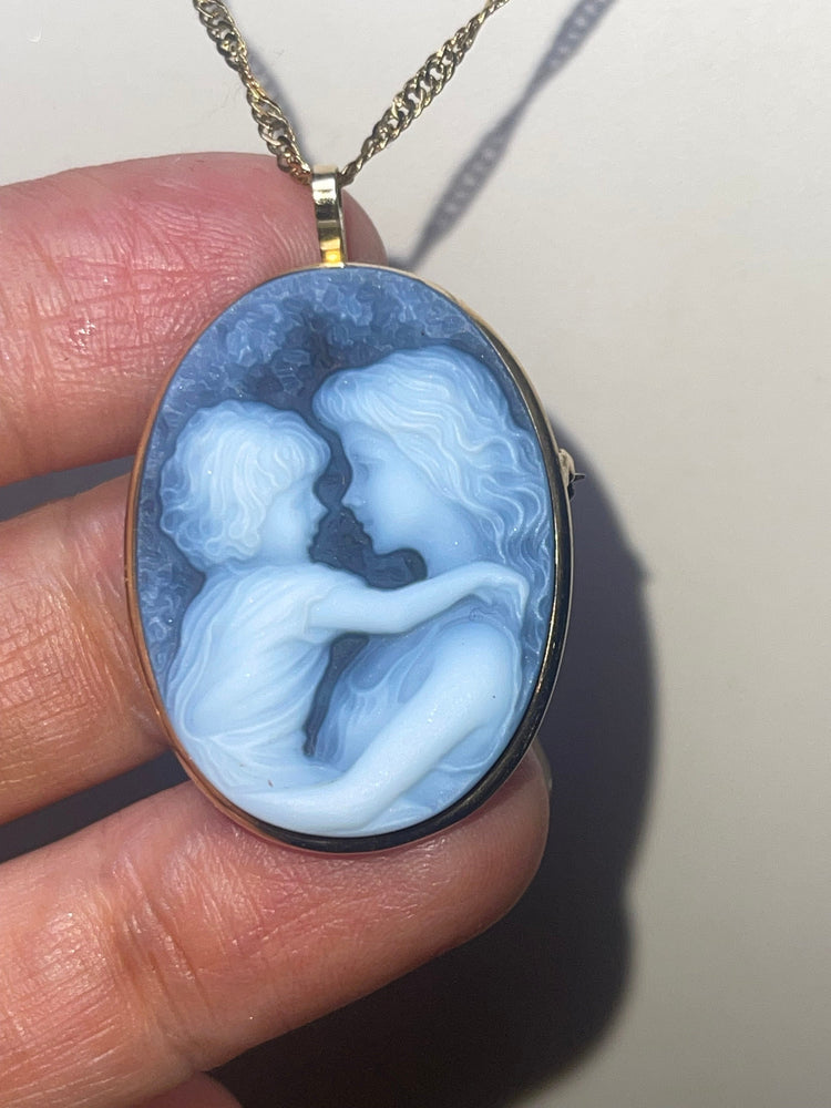 Antique- Vintage 14kt Cameo Pendant / Brooch Mother & Child Italy 14 karat Yellow Gold Necklace Gift of Love