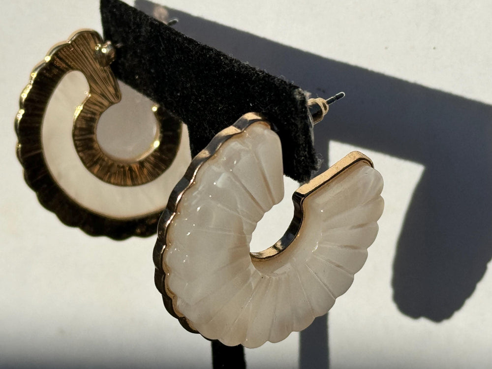 Vintage Gold Tone Shell Earrings: White Swirl Glass Ammonite