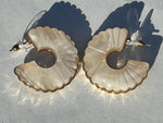 Vintage Gold Tone Shell Earrings: White Swirl Glass Ammonite