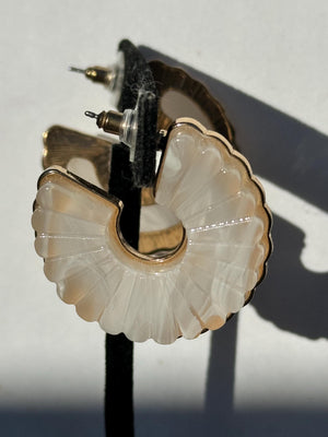 Vintage Gold Tone Shell Earrings: White Swirl Glass Ammonite