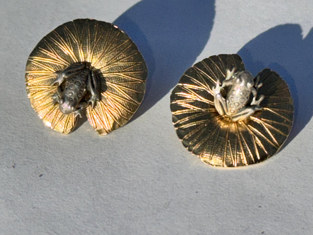 Adorable Frogs on Lilly pad stud earrings / earring jackets sterling silver- 925 gold plate signed earrings great gift for frog collectors