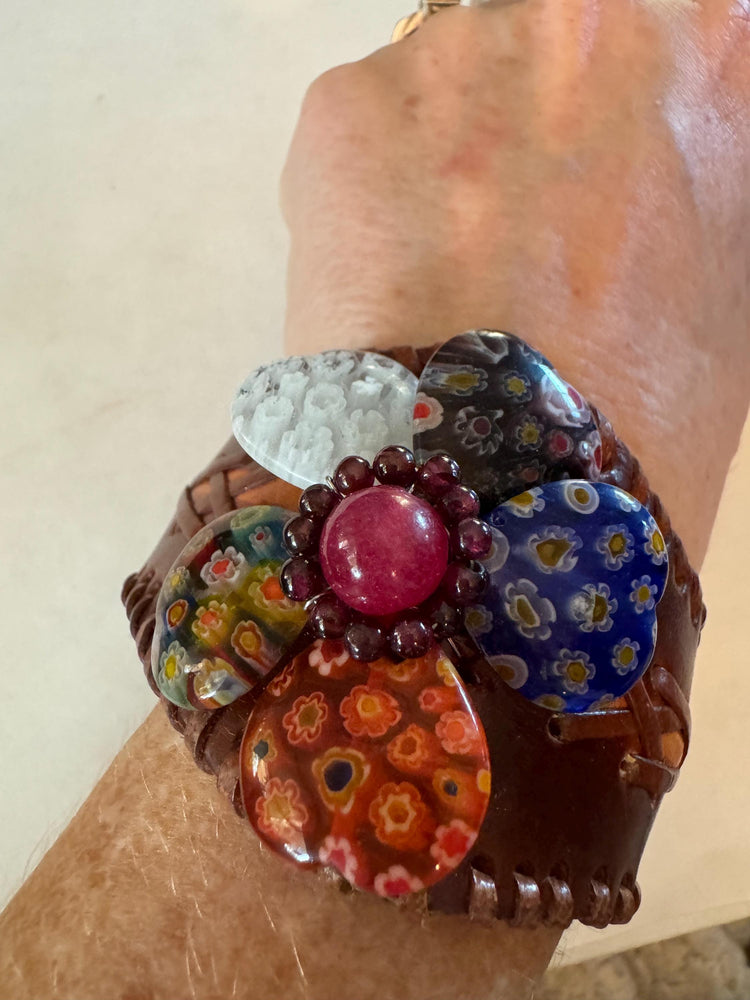 Vintage Leather Cuff Bracelet - flexible Murano glass flower w Ruby & garnet gemstones  hand stitched unique mens or womens