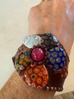 Vintage Leather Cuff Bracelet - flexible Murano glass flower w Ruby & garnet gemstones  hand stitched unique mens or womens
