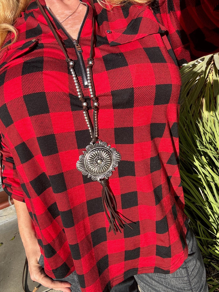 Western/ Southwestern Concho Necklace silver tone beaded fringe long / pull over