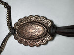Western/ Southwestern Concho Necklace copper tone beaded fringe long / pull over