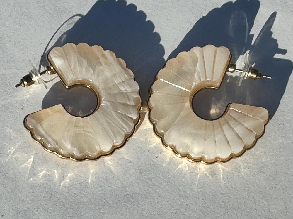 Vintage Gold Tone Shell Earrings: White Swirl Glass Ammonite