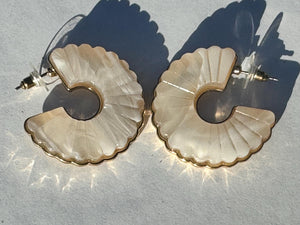 Vintage Gold Tone Shell Earrings: White Swirl Glass Ammonite