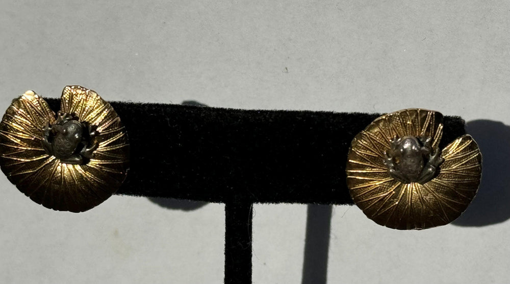 Adorable Frogs on Lilly pad stud earrings / earring jackets sterling silver- 925 gold plate signed earrings great gift for frog collectors