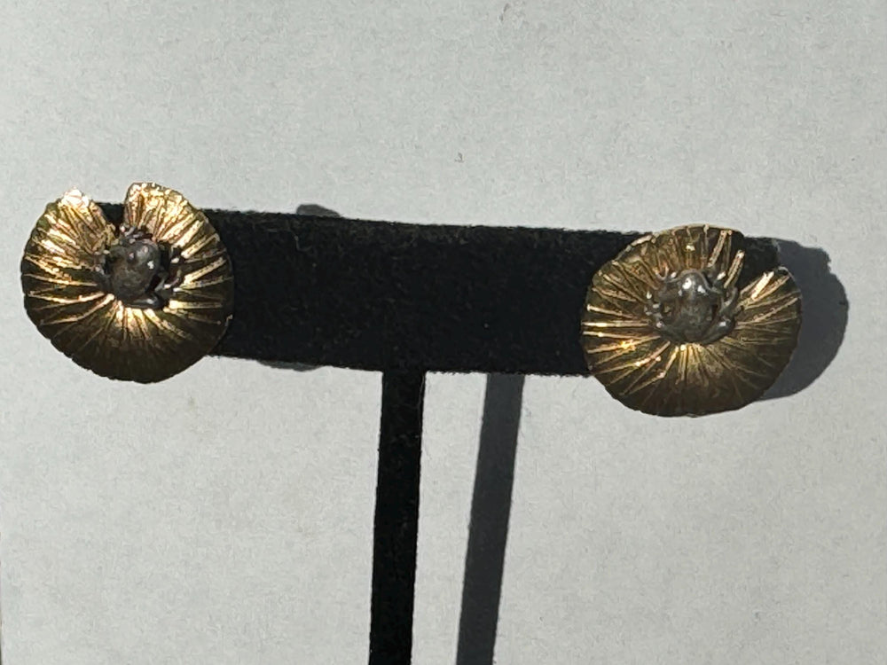 Adorable Frogs on Lilly pad stud earrings / earring jackets sterling silver- 925 gold plate signed earrings great gift for frog collectors
