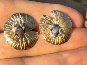 Adorable Frogs on Lilly pad stud earrings / earring jackets sterling silver- 925 gold plate signed earrings great gift for frog collectors