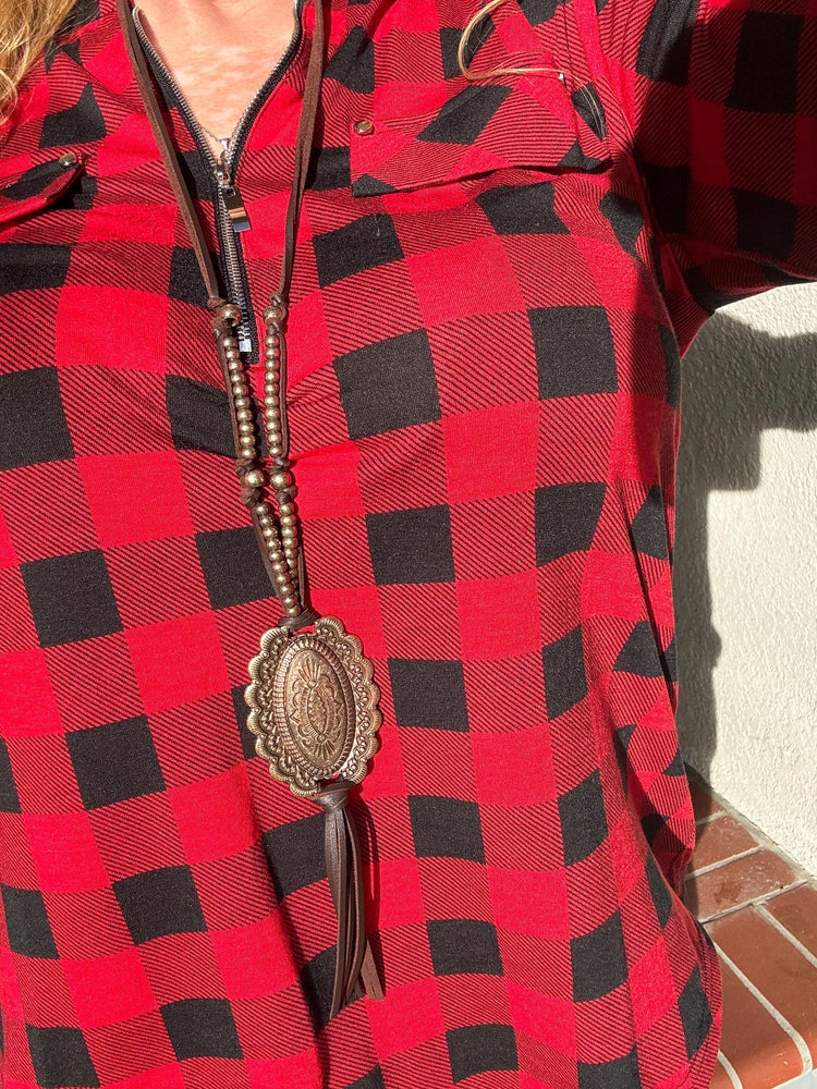 Western/ Southwestern Concho Necklace copper tone beaded fringe long / pull over