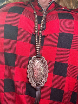 Western/ Southwestern Concho Necklace copper tone beaded fringe long / pull over