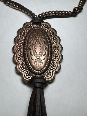 Western/ Southwestern Concho Necklace copper tone beaded fringe long / pull over