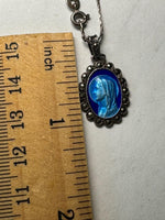 Beautiful Religious Virgin Mary Sterling Silver Antique- Vintage Pendant Necklace w chain Cobalt Blue Guilloche enamel & Marcasites