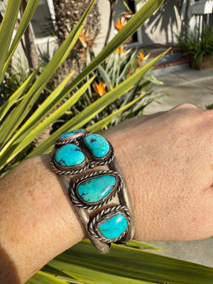 Vintage Turquoise Sterling Silver Cuff Bracelet: Fred Harvey Era Southwestern Jewelry