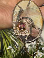 14K Gold Willow Creek Jasper & Watermelon Tourmaline Pendant – Art Nouveau Style – One of a Kind Incredible Vintage Statement Piece