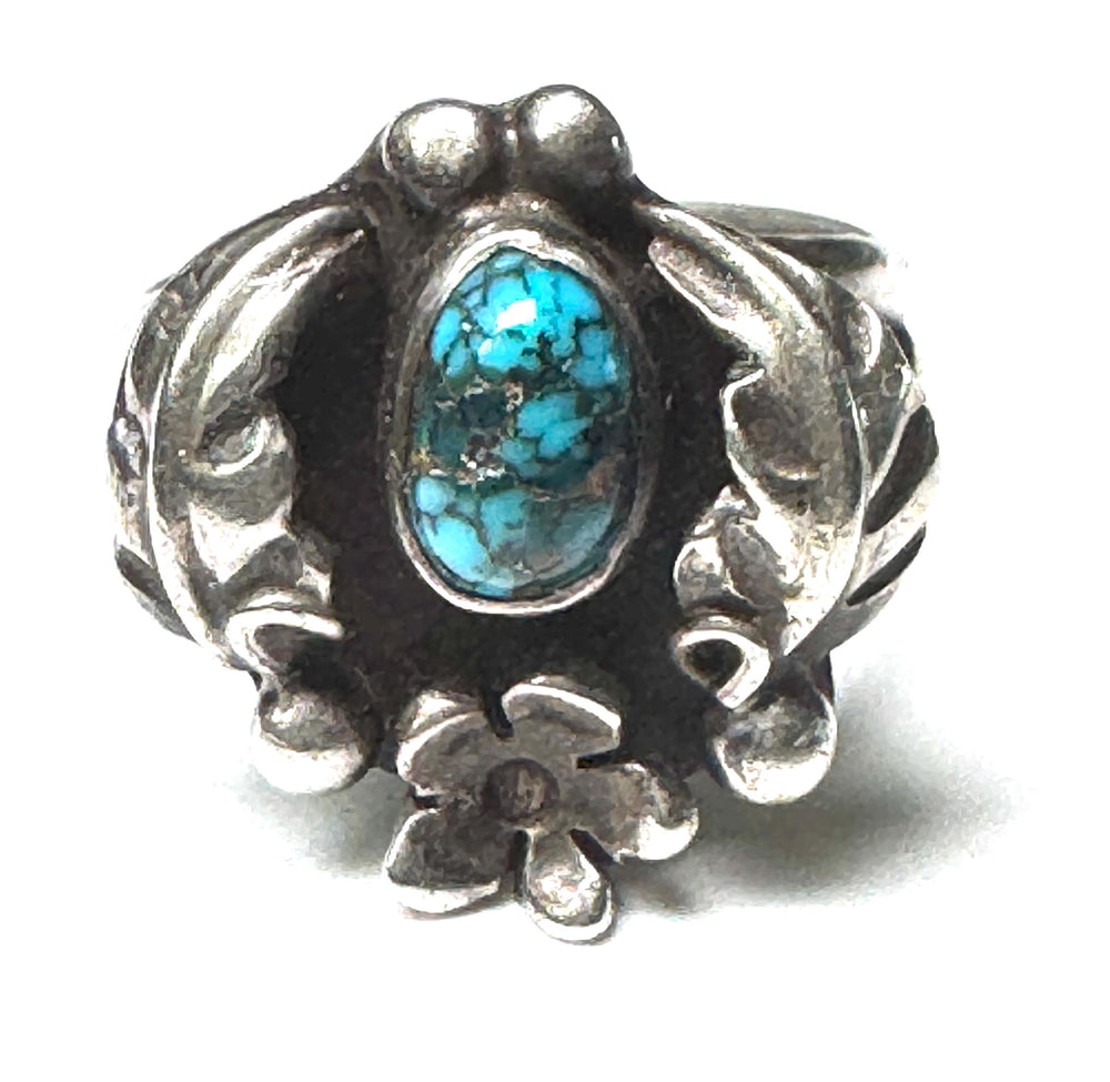 Vintage Native American Sterling Silver Turquoise Ring – Size 7 Southwestern Squash Blossom Signed S