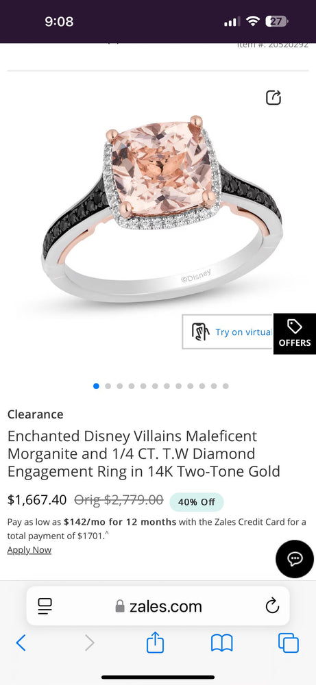 Enchanted Disney Villains Maleficent Morganite & Diamond Ring | 14K Two-Tone Gold | Black Diamond Engagement Ring | Size 8