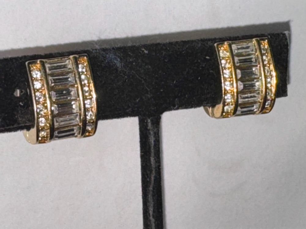Vintage Swarovski Gold-Tone Baguette and Round Crystal Clip-On Earrings