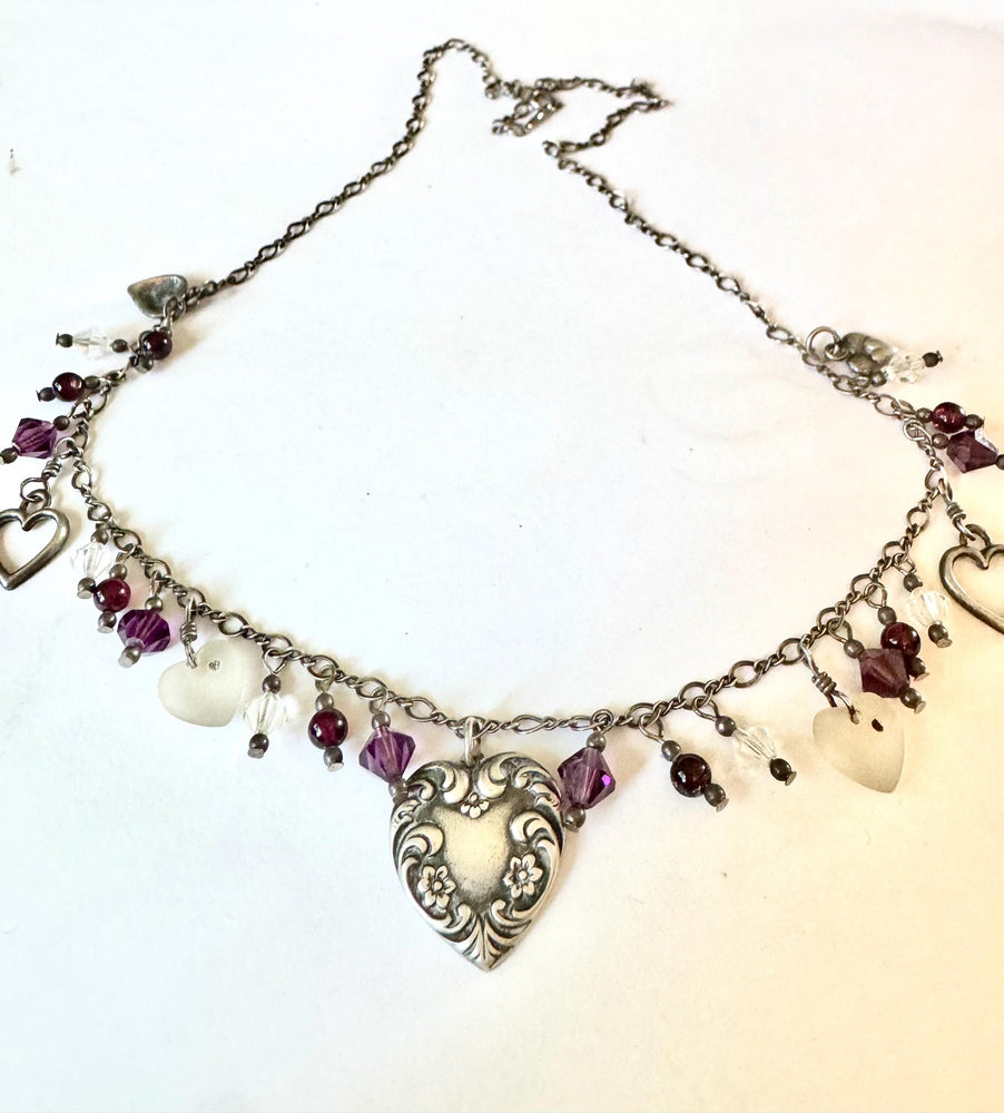 Sterling Silver Heart Charm Necklace with Crystal and Glass Beads