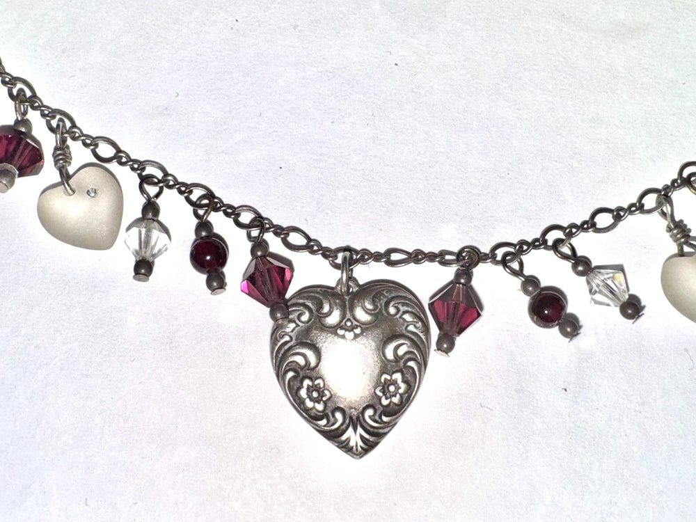 Sterling Silver Heart Charm Necklace with Crystal and Glass Beads