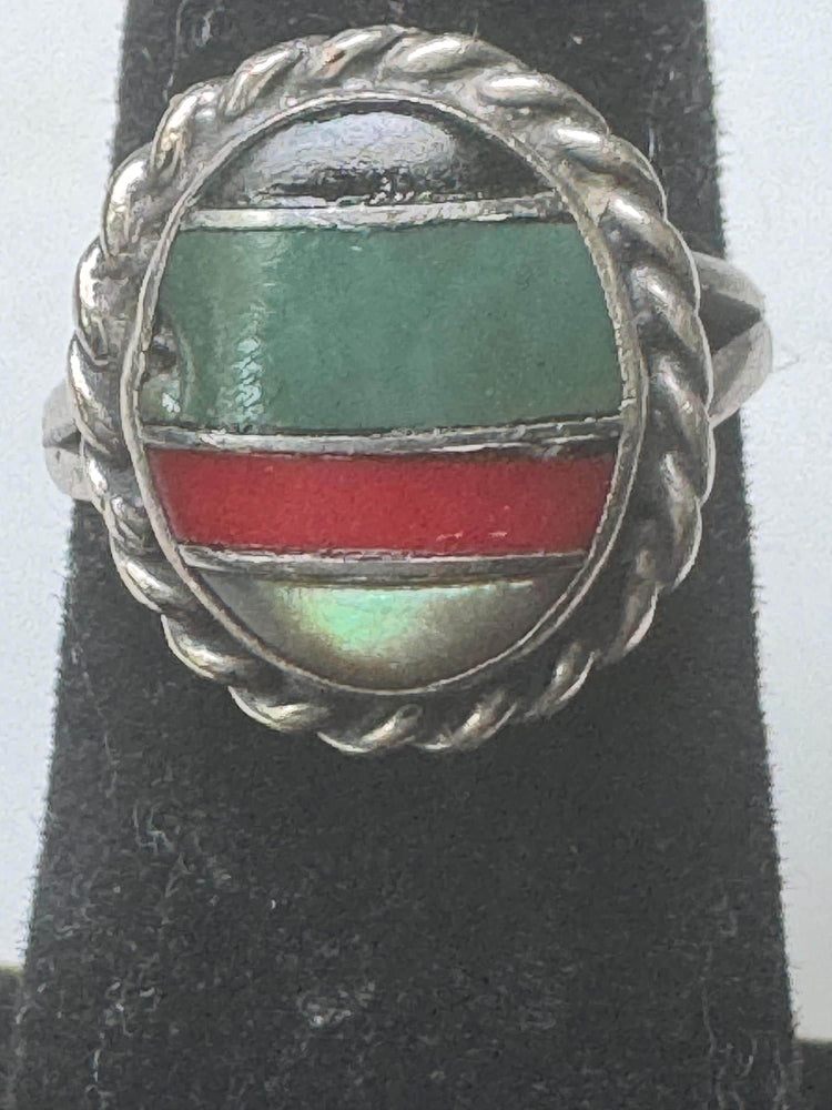 Vintage Zuni Sterling Silver Inlay Ring: Coral, Turquoise, Onyx, Mother of Pearl, Size 5
