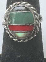 Vintage Zuni Sterling Silver Inlay Ring: Coral, Turquoise, Onyx, Mother of Pearl, Size 5