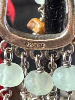 Sterling Silver Native American Dangle Earrings – RB Hallmark – Green Prehnite & Amber Gemstone Beads