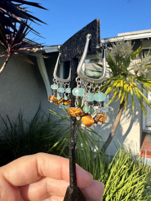 Sterling Silver Native American Dangle Earrings – RB Hallmark – Green Prehnite & Amber Gemstone Beads