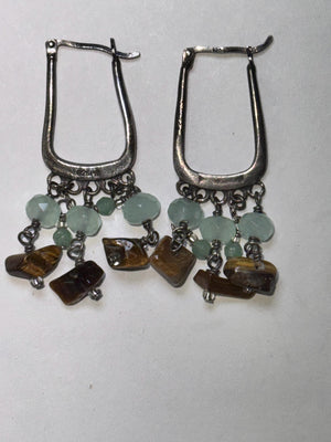 Sterling Silver Native American Dangle Earrings – RB Hallmark – Green Prehnite & Amber Gemstone Beads